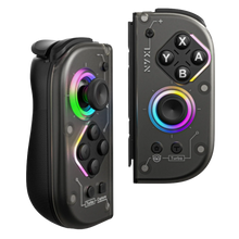 NYXI Hyperion 2 Joy-Con-controllere i sort til Nintendo Switch med gennemsigtige fronter, LED-lys og Hall-effekt-styrepinde.