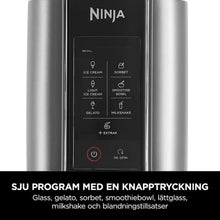 NINJA CREAMi er en ismaskine med 7 programmer og svenske funktionsnavne under knapperne til is, gelato, sorbet, smoothie bowl m.m.