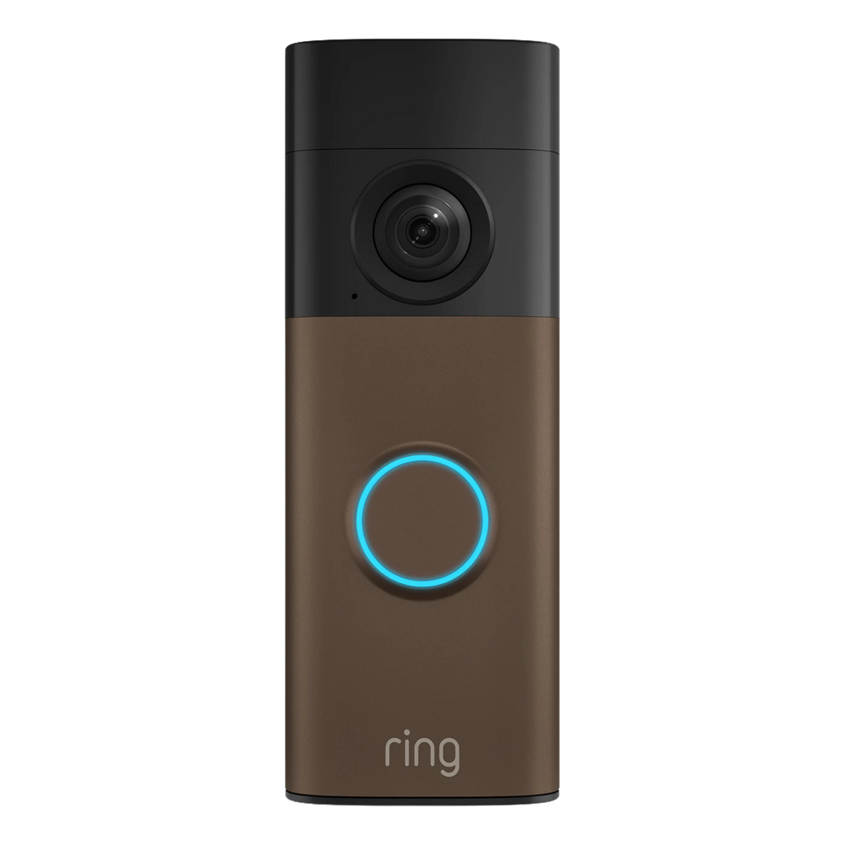 Ring Battery Video Doorbell Retinal 2K i mat mokka med kamera øverst, blå oplyst knap og »ring«-logo nederst.