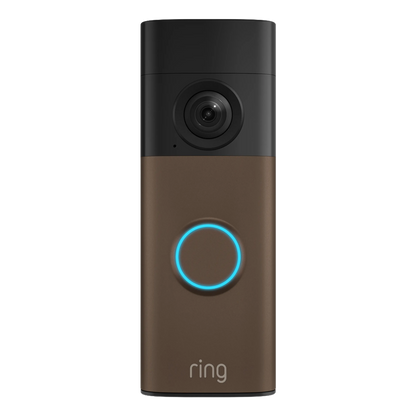 Ring Battery Video Doorbell Retinal 2K i mat mokka med kamera øverst, blå oplyst knap og »ring«-logo nederst.