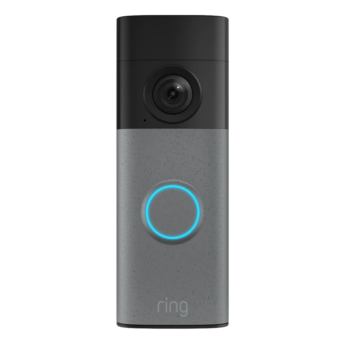 Ring Battery Video Doorbell Retinal 2K med gråmønstret kamera over en blå knap i et sølv-sort kabinet med bevægelsesdetektering.