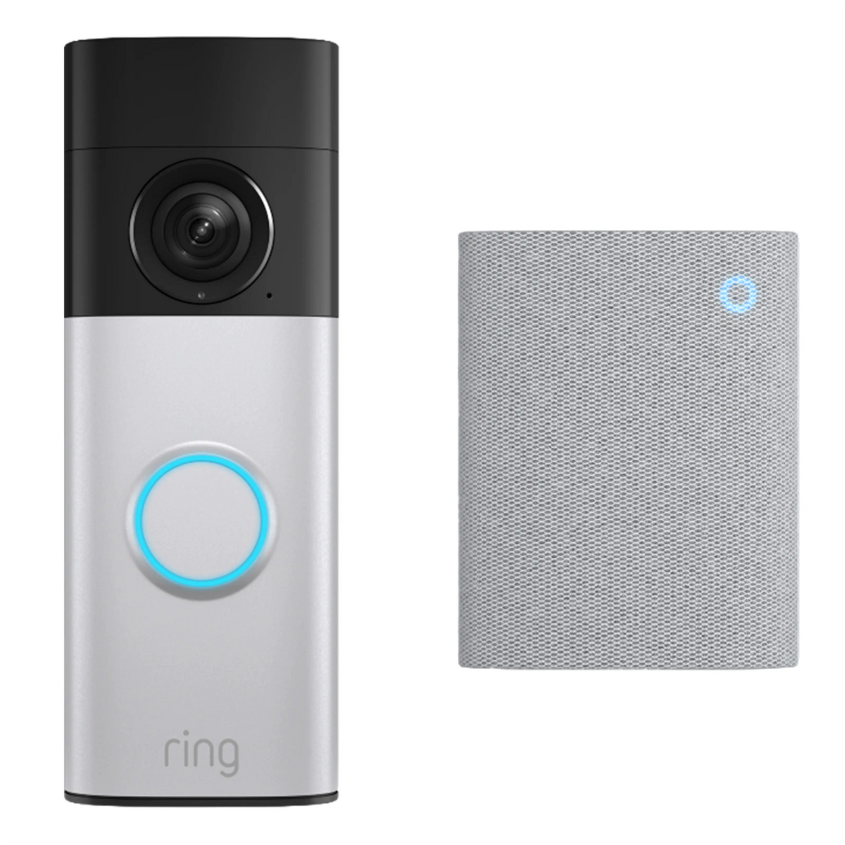 Ring Battery Video Doorbell Plus i nikkel-sølv med 2K-opløsning, blåt lys og firkantet dørklokke.