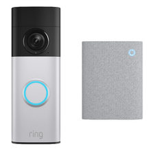 Ring Battery Video Doorbell Plus i nikkel-sølv med 2K-opløsning, blåt lys og firkantet dørklokke.