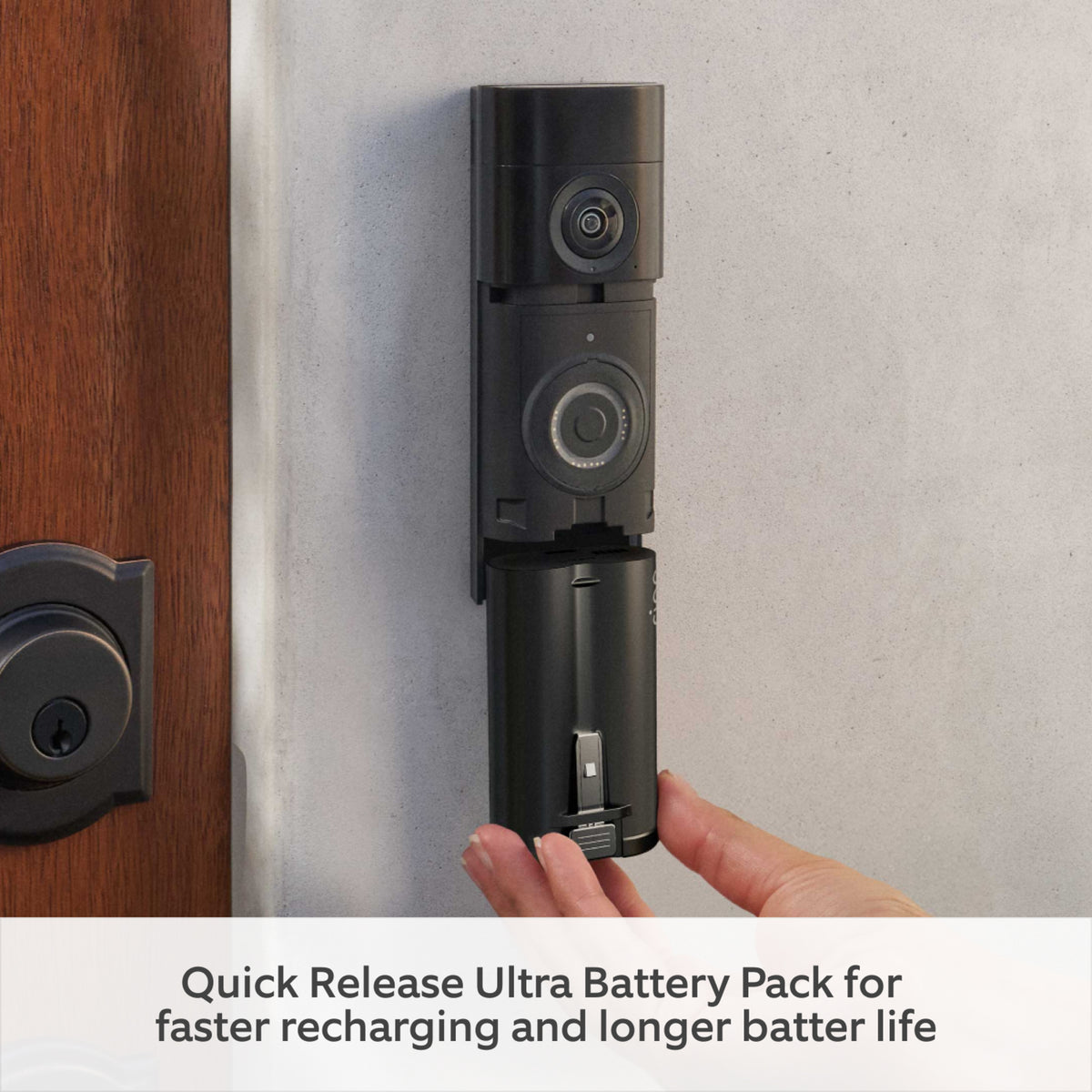 Ring Battery Video Doorbell Pro Retinal 4K Deep Silver med Quick Release Ultra-batteripakke, teksten viser batteripakken.