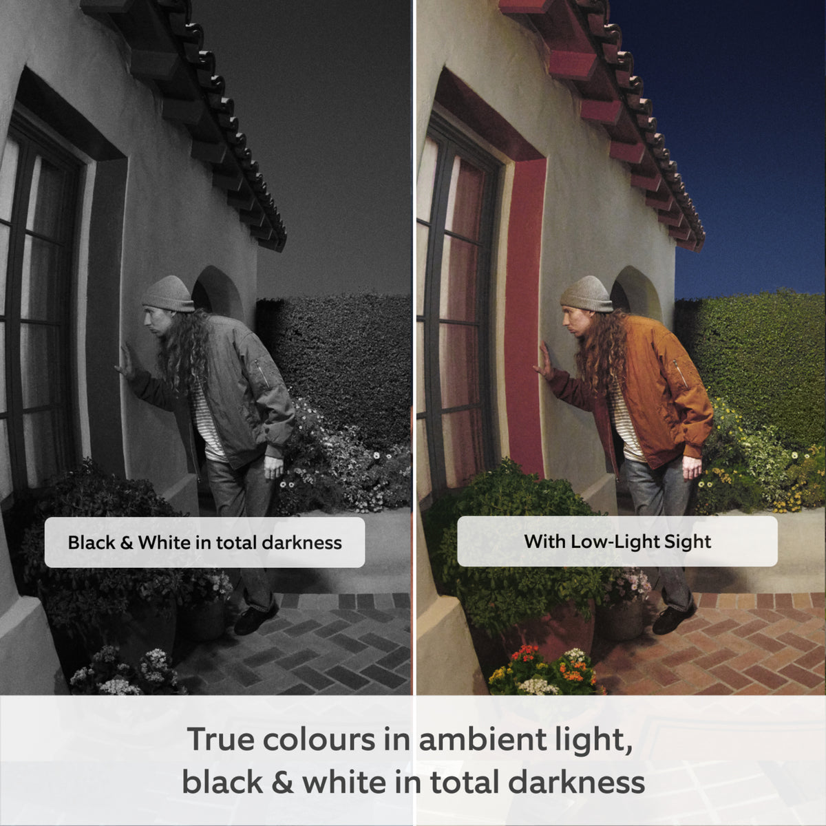 Ring Battery Video Doorbell Pro Retinal 4K Deep Silver – visning af natoptagelser i sort-hvid og farveoptagelser ved svagt lys.