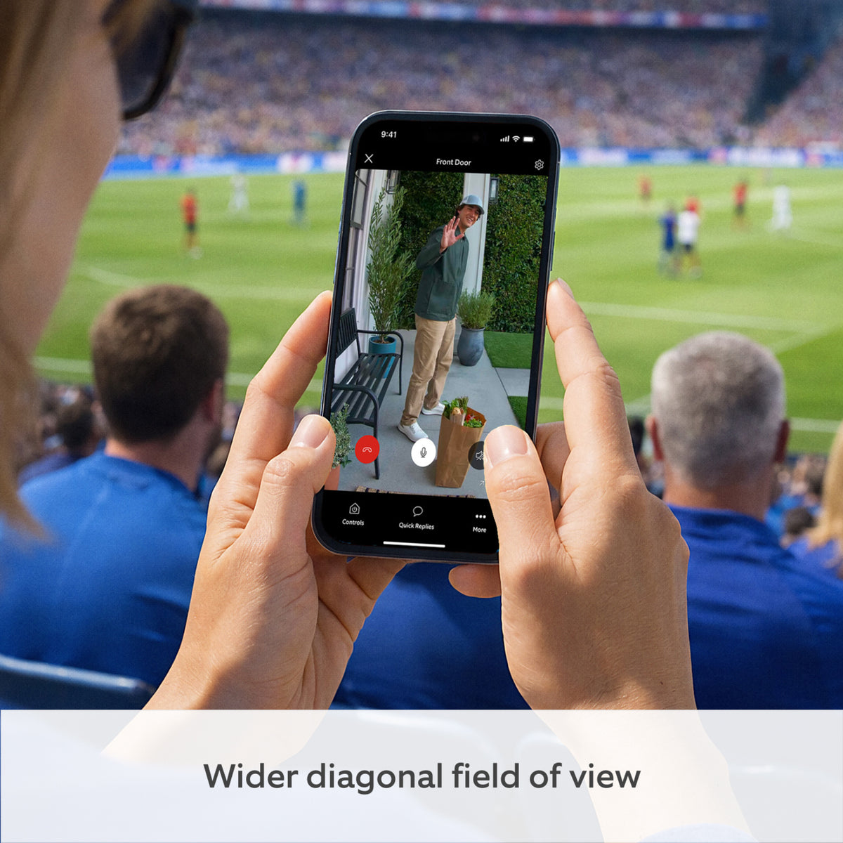 Ring Battery Video Doorbell Pro Deep Silver på mobil, videoopkald, tekst: Bredere diagonalt synsfelt, Retinal 4K.