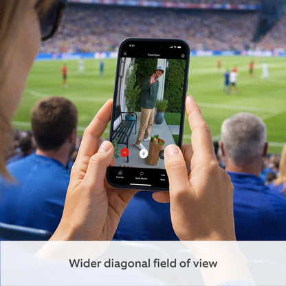 Ring Battery Video Doorbell Pro Deep Silver på mobil, videoopkald, tekst: Bredere diagonalt synsfelt, Retinal 4K.