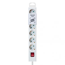 Luxorparts hvid stikkontakt med jordforbindelse, 6 runde EU-stik, rød tænd/sluk-knap, 1,5 m ledning, Woor Parts-emballage.
