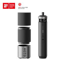 HOTO PixelDrive trådløs skruemaskine, sort, 6 Nm, digitalt display, momentindstillinger, tilbehør, iF- og Red Dot 2026-logoer.