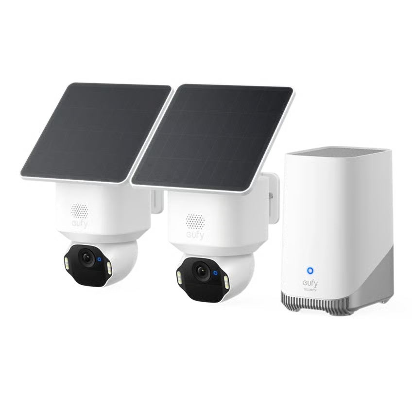 Eufy SoloCam E42 4K hvidt solcelledrevet overvågningskamera, 2-pak med solcellepanel og HomeBase S380 trådløs basestation.