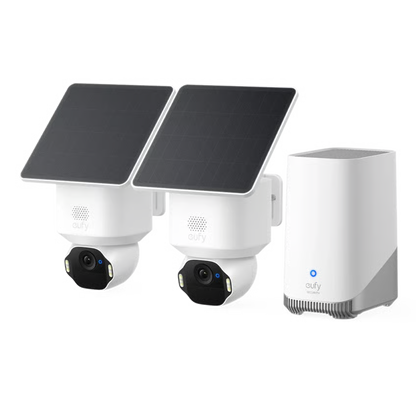 Eufy SoloCam E42 4K hvidt solcelledrevet overvågningskamera, 2-pak med solcellepanel og HomeBase S380 trådløs basestation.