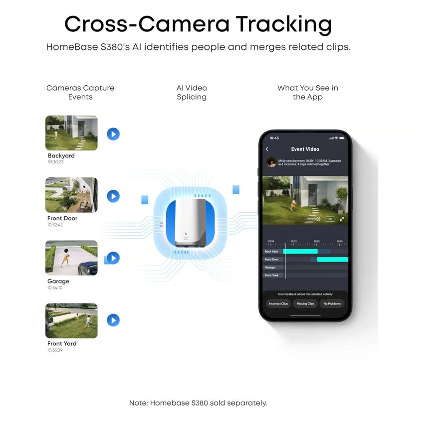 EUFY SoloCam E42 4K-overvågningskamera, 2-pak med HomeBase S380, AI-videosammenligning via app; HomeBase S380 sælges separat.