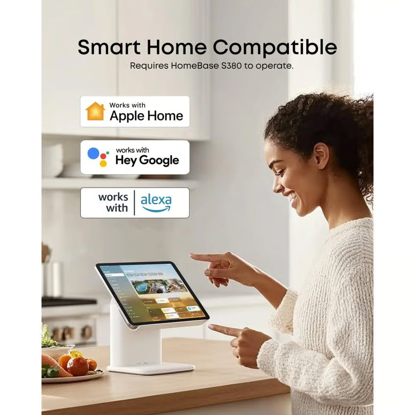 EUFY SoloCam E42 4K-overvågningskamera med smart home-styring, Apple Home-, Google Assistant- og Alexa-logoer, 2-pak med HomeBase S380.