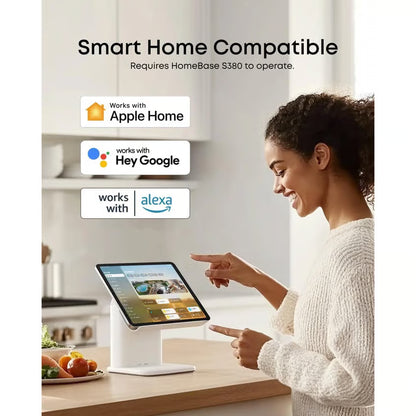 EUFY SoloCam E42 4K-overvågningskamera med smart home-styring, Apple Home-, Google Assistant- og Alexa-logoer, 2-pak med HomeBase S380.