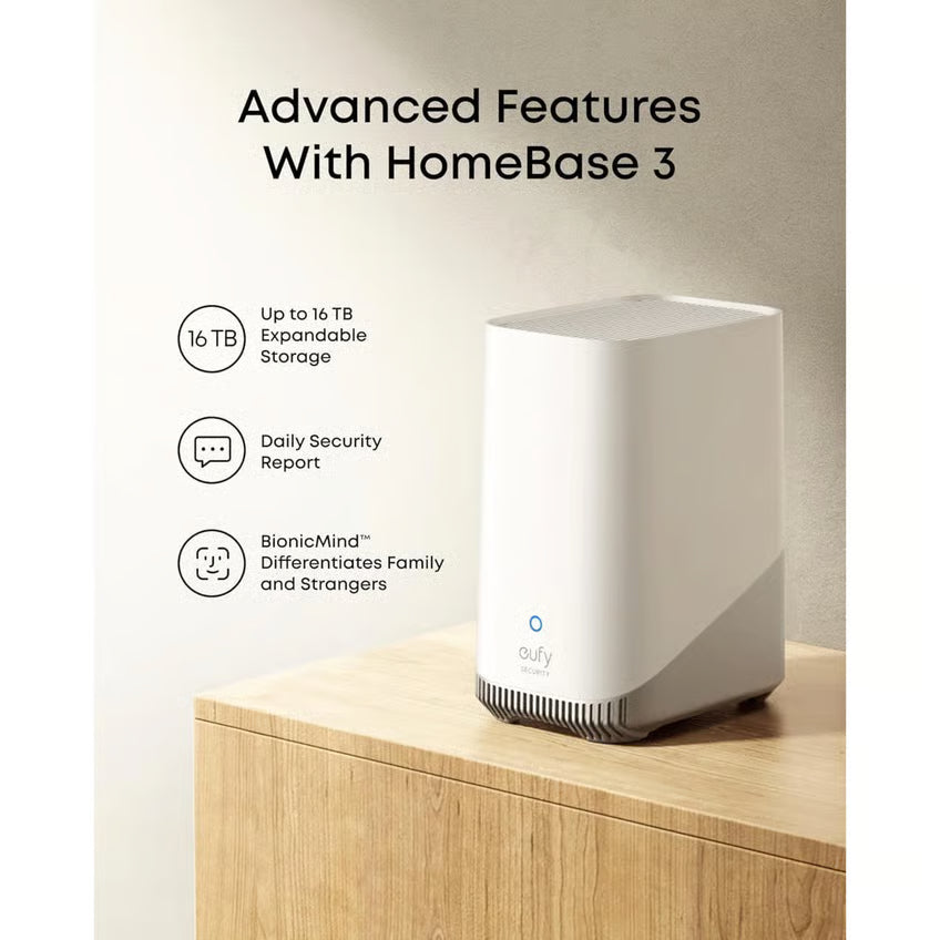 EUFY HomeBase S380 hvid med SoloCam E42 4K-overvågningskamera, 2-pak, op til 16 TB lagerplads, BionicMind-teknologi.