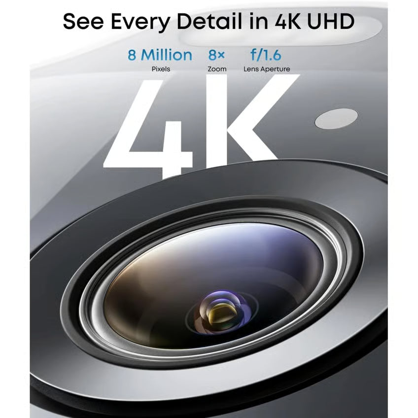EUFY SoloCam E42 4K-overvågningskamera, 2-pak med HomeBase S380, nærbillede af linsen med teksten »Se hver eneste detalje i 4K UHD«.