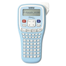 BROTHER P-touch H100 etikettmaskine, blå, med lille skærm, mange funktionsknapper, fuldt tastatur og kompatibilitet med TZe-tape.