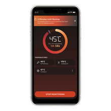 NINJA ProChef trådløst stegetermometer i sort/sølv vises i appen med resterende tid 1:58, kernetemperatur 45 °C, måltemperatur 57 °C, omgivelsestemperatur 175 °C.