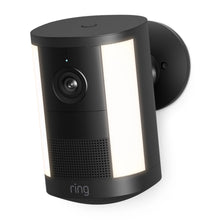 Ring Spotlight Cam Battery 2. generation – trådløst overvågningskamera, sort, cylindrisk, centralt placeret linse, lysfelter og højttalergitter.