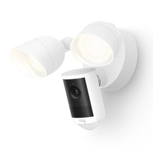RING Floodlight Cam Pro overvågningskamera med Retinal 2K, hvid, to justerbare lyskilder, central 2K-kameraenhed med sort front.