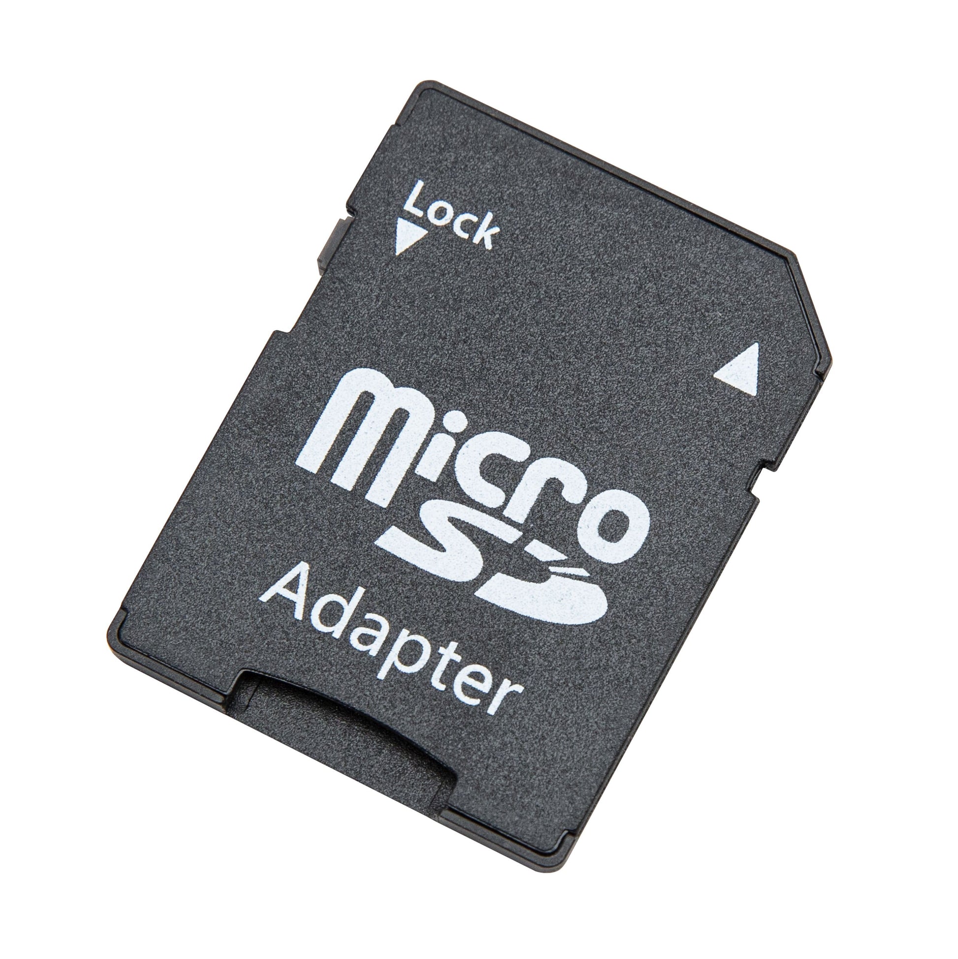 MicroSD til SD adapter 2-pack, sort med hvid "MicroSD Adapter" tekst og Lock-indikator med pil øverst til venstre.