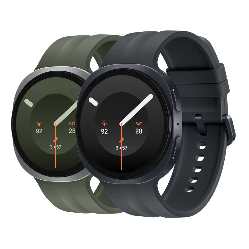 Samsung Galaxy Watch9 44 mm, Bluetooth og 4G, to ure i olivengrøn og mørkegrå med aktivitetsdata på urskiven.