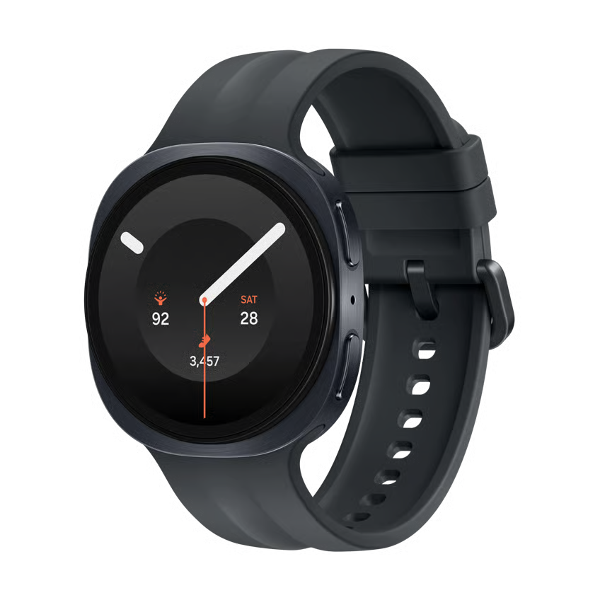 Samsung Galaxy Watch9 40 mm Bluetooth i grafitfarve med silikonrem, rund skærm viser klokkeslæt, puls og skridttæller.