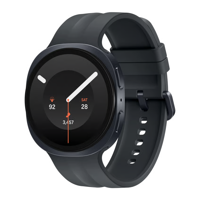 Samsung Galaxy Watch9 44 mm, grafit, Bluetooth, 4G (eSIM), rund skærm, silikonrem og to sideknapper.