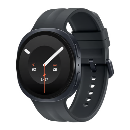 Samsung Galaxy Watch9 44 mm, grafit, Bluetooth, 4G (eSIM), rund skærm, silikonrem og to sideknapper.