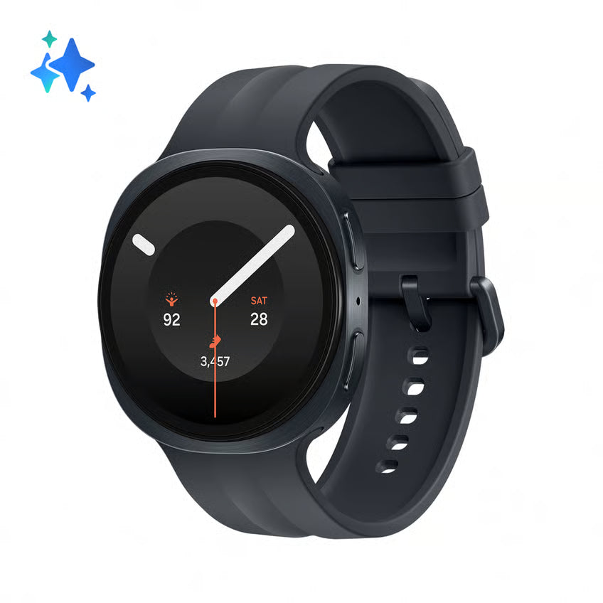 Samsung Galaxy Watch9 44 mm Bluetooth i grafitfarve med rund berøringsskærm og fitness-interface samt silikonrem.