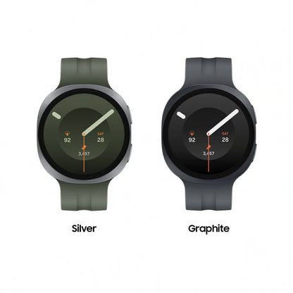 Samsung Galaxy Watch9 44 mm Bluetooth-smartur, 2 stk. i farverne grafit og olivengrøn med silikonrem.
