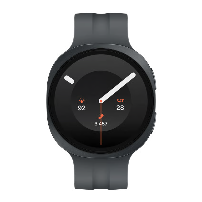 Samsung Galaxy Watch9 44 mm Bluetooth i grafit med rund digital skærm, træningsdata og dato.