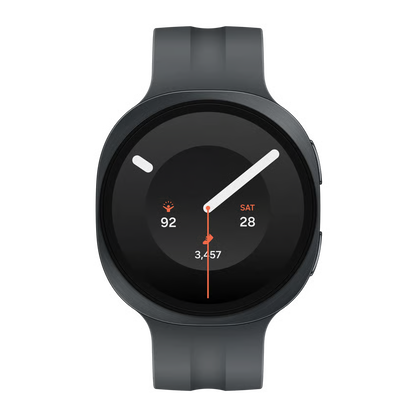 Samsung Galaxy Watch9 44 mm Bluetooth i grafit med rund digital skærm, træningsdata og dato.