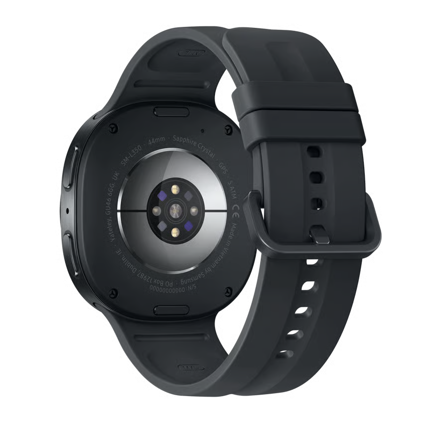 Samsung Galaxy Watch9 44 mm Bluetooth i grafit, bagside med optisk pulsmåler og indgravering på urkassen.