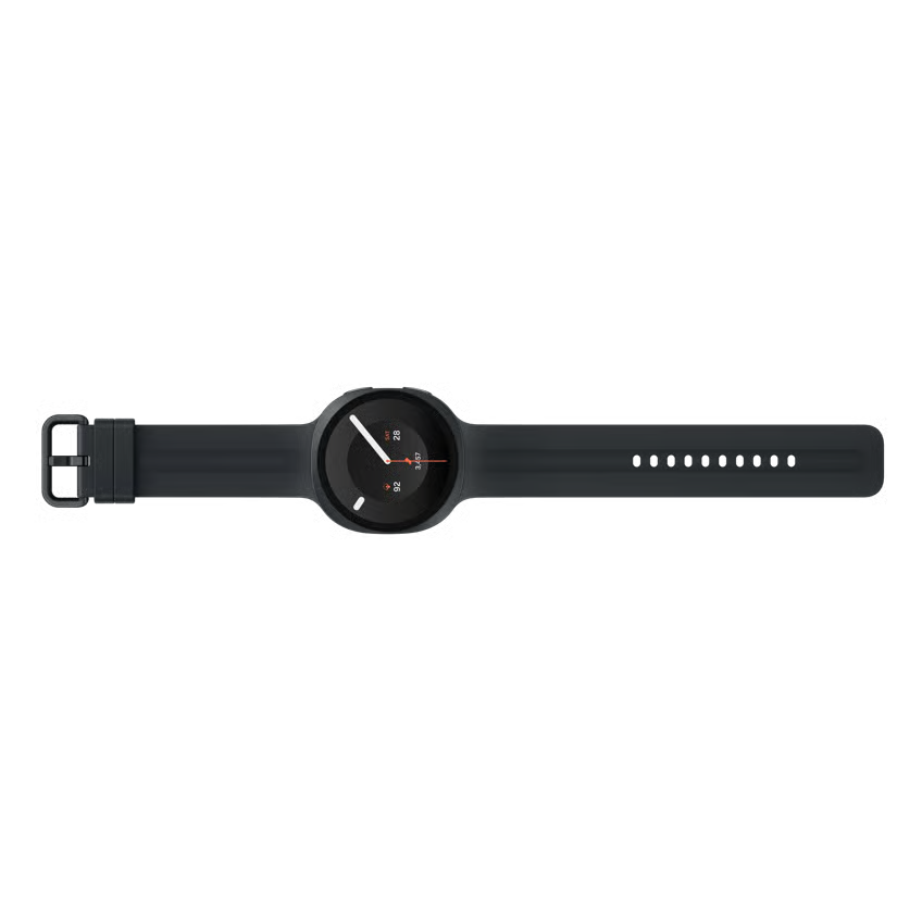 Samsung Galaxy Watch9 44 mm Bluetooth i grafit med rund skærm og silikonrem.