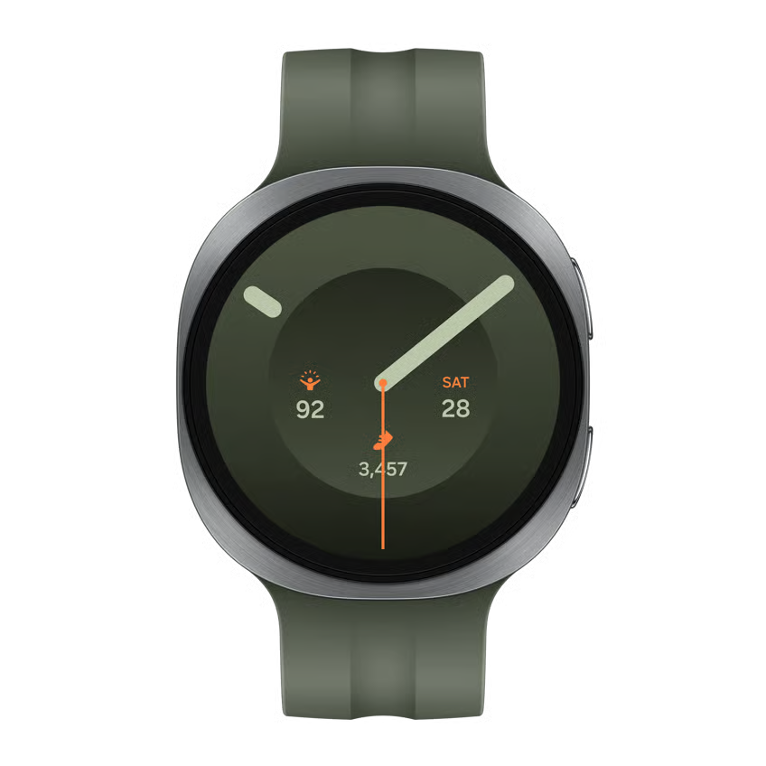 Samsung Galaxy Watch9 44 mm Bluetooth, sølv, rund urkasse, mørkegrøn urskive og olivengrøn silikonrem.
