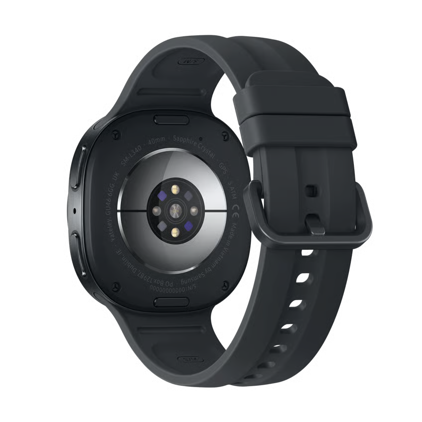 Bagsiden af Samsung Galaxy Watch9 40 mm Bluetooth i grafit med silikonrem, sensorer og indgraverede detaljer.