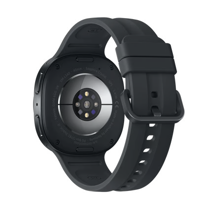 Bagsiden af Samsung Galaxy Watch9 40 mm Bluetooth i grafit med silikonrem, sensorer og indgraverede detaljer.