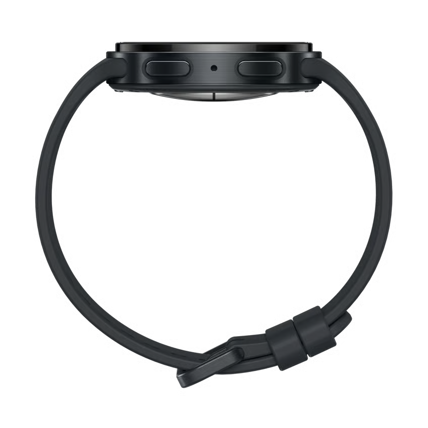 Samsung Galaxy Watch9 40 mm Bluetooth-smartur i grafit, set fra siden med to knapper og silikonerem.