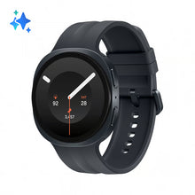 Samsung Galaxy Watch9 44 mm, grafit, Bluetooth, 4G (eSIM), rund berøringsskærm med træningsdata, dato, klokkeslæt og silikonerem.
