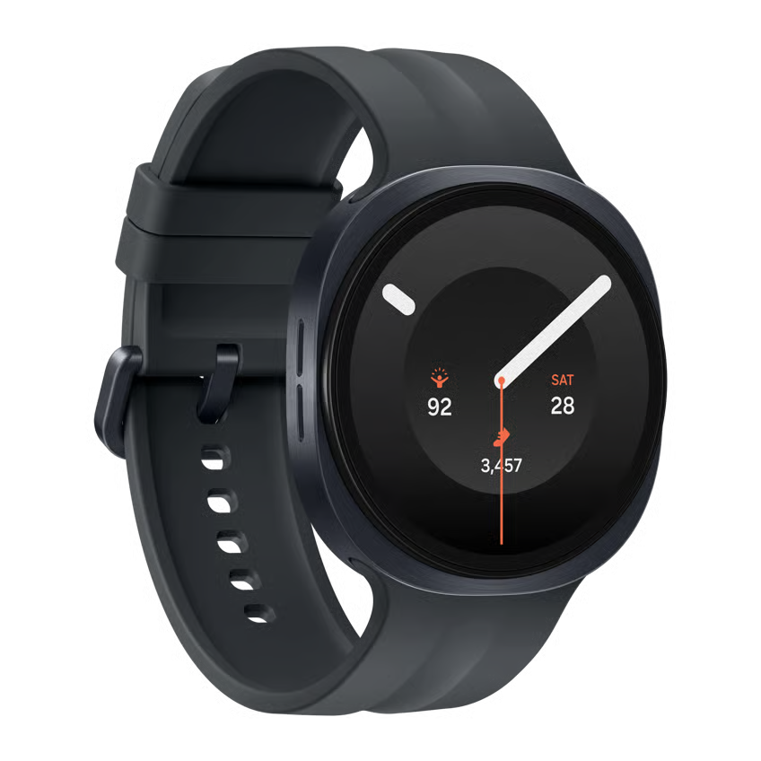 Samsung Galaxy Watch9 44 mm, grafit, Bluetooth + 4G (eSIM), rundt touchscreen-display og silikonarem.