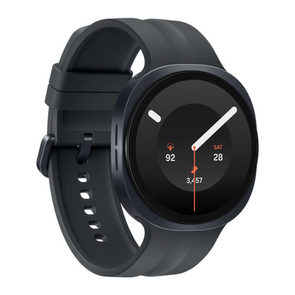 Samsung Galaxy Watch9 44 mm, grafit, Bluetooth + 4G (eSIM), rundt touchscreen-display og silikonarem.