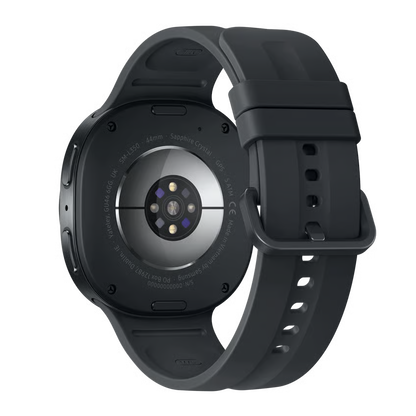Samsung Galaxy Watch9 44 mm Graphite Bluetooth + 4G eSIM, bagside med pulssensor, silikonereim med spænde og indgravering.