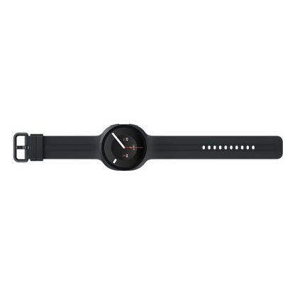 Samsung Galaxy Watch9 44 mm, grafit, Bluetooth, 4G (eSIM), rund skærm og silikonrem.