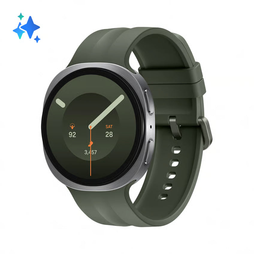 Samsung Galaxy Watch9 44 mm, Bluetooth + 4G, sølvfarvet smartwatch med sort urskive og grøn silikonrem.