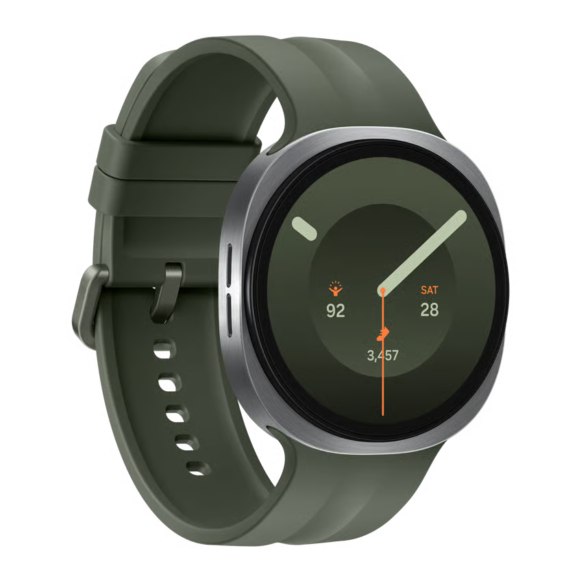 Samsung Galaxy Watch9 44 mm, Bluetooth + 4G, sølvfarvet urkasse, mørkegrøn digital urskive og olivengrøn silikonrem.