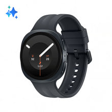 Samsung Galaxy Watch9 40 mm, grafit, Bluetooth + 4G eSIM, silikonerem, urskive med klokkeslæt, dato og sundhedsdata.