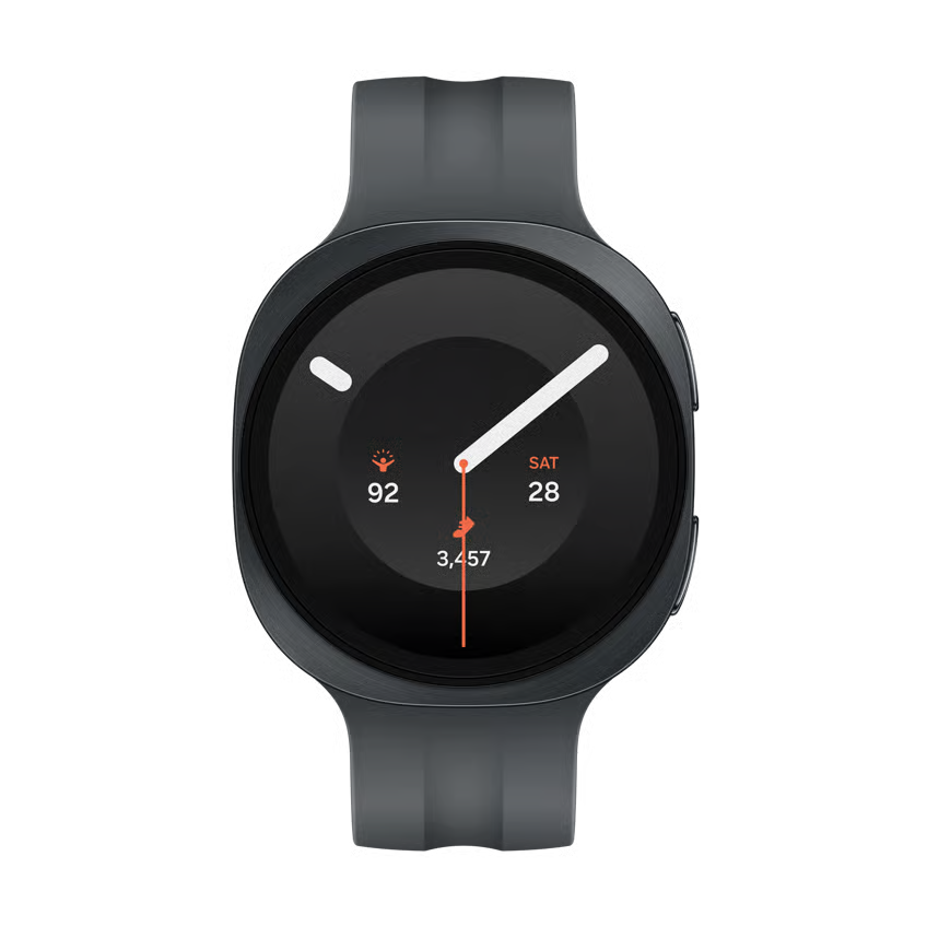 Samsung Galaxy Watch9 40 mm, grafit, Bluetooth, 4G eSIM, silikonerem, digital urskive med dato, skridt og sundhedsdata.
