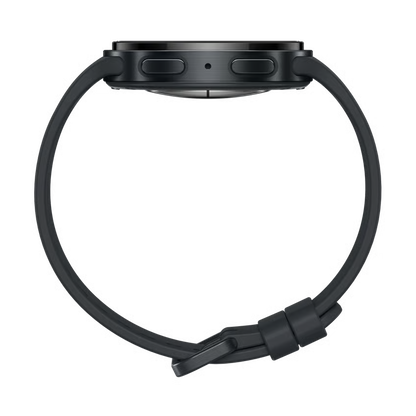Samsung Galaxy Watch9 40 mm, grafit, Bluetooth + 4G (eSIM), sideprofil med to knapper og silikonrem.