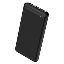 DENVER Fast Charge-powerbank på 10.000 mAh i sort med afrundede kanter, to USB-porte, fire LED-lamper og Power Delivery.
